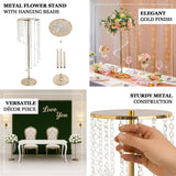 24inch Gold Metal Flower Stand Wedding Centerpiece Acrylic Beaded Chains, Crystal Flower Pedestal