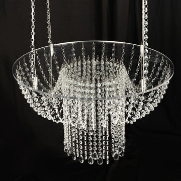 25" Acrylic Crystal Chandelier Wedding Cake Stand, Hanging Style Drape Suspended Cake Swing With 5ft Steel Wire String Bead Chains