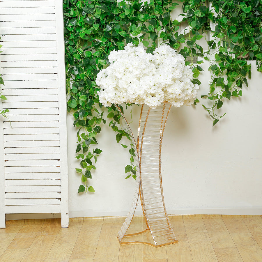 32inch Crystal Pendant Flower Stand with Gold Metal Frame – Hourglass Column Vase Holder