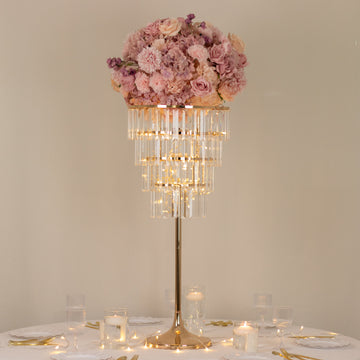 38" Crystal Pendant 4-Tier Table Centerpiece Chandelier – Gold Metal Vase Stand with Round Frame & Base, Hanging Crystals