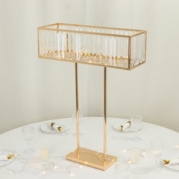 Gold Crystal Pendant Flower Stand, Metal Centerpiece Vase – 32" Tall Rectangular Display Rack