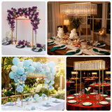 Elegant event decor featuring floral arches and table settings.
