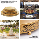 Gold metal fleur-de-lis pedestal cake stands with intricate vintage design.