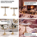 Gold crystal beaded mirror cake stands in two versatile sizes for elegant dessert display.
