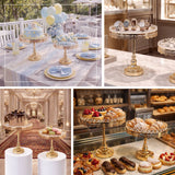 Elegant dessert displays with pastries and cakes at a luxurious event setting.