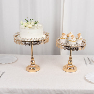 Set of 2 Gold Crystal Beaded Metal Cupcake Dessert Display Stands With Mirror Top, Round Pedestal Cake Stands - 11", 13"