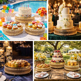 Elegant dessert displays featuring cakes and pastries at a festive outdoor event.