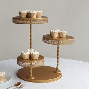 3-Tier Gold Metal Cake Stand with Hollow Lace Design, Round Cupcake Tower Dessert Display Stand - 21"