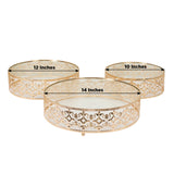 Set of 3 Baroque Ornate Gold Metal Cake Stands with Glass Top, Stackable Round Display Trays