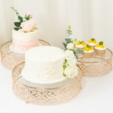 Set of 3 Baroque Ornate Gold Metal Cake Stands with Glass Top, Stackable Round Dessert Display Trays