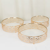 Set of 3 Baroque Ornate Gold Metal Cake Stands with Glass Top, Stackable Round Dessert Display Trays