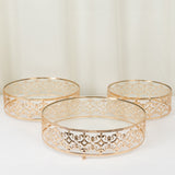 Set of 3 Baroque Ornate Gold Metal Cake Stands with Glass Top, Stackable Round Dessert Display Trays