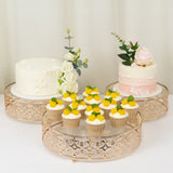 Set of 3 Baroque Ornate Gold Metal Cake Stands with Glass Top, Stackable Round Dessert Display Trays