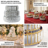Set of 3 round crystal cake stands in reflective metal frames for elegant displays.