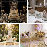 Elegant tiered cake stands for celebrations and desserts in various settings.
