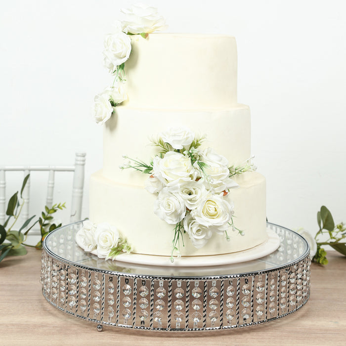 18inch Round Silver Cake Stand with Hanging Crystal Beads and Glass Top