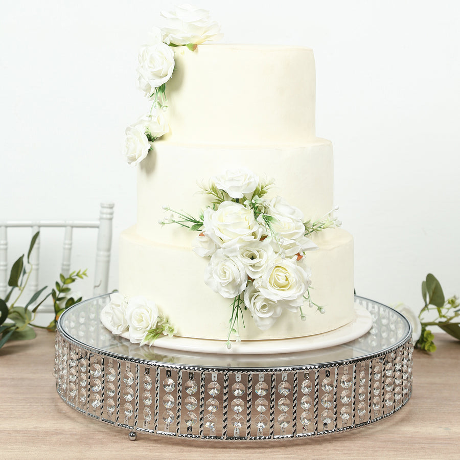 18inch Round Silver Cake Stand with Hanging Crystal Beads and Glass Top