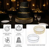 14" Round Gold Cake Stand with Hanging Crystal Beads and Glass Top – Metal Dessert Display Tray