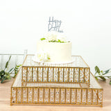 18inch Square Gold Cake Stand with Hanging Crystal Beads and Glass Top – Metal Dessert Display Tray