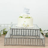 18inch Square Silver Cake Stand with Hanging Crystal Beads and Glass Top Metal Dessert Display Tray