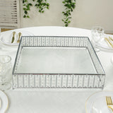 18inch Square Silver Cake Stand with Hanging Crystal Beads and Glass Top Metal Dessert Display Tray