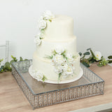 18inch Square Silver Cake Stand with Hanging Crystal Beads and Glass Top Metal Dessert Display Tray