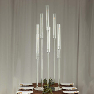Elevate Your Event with the Stunning 10 Arm Clear Acrylic Cluster Round Pillar Candle Stick Stand