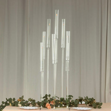 10 Arm Clear Acrylic Cluster Round Pillar Candle Stick Stand, 47" Tall Taper Candle Holder Candelabra With Circular Base