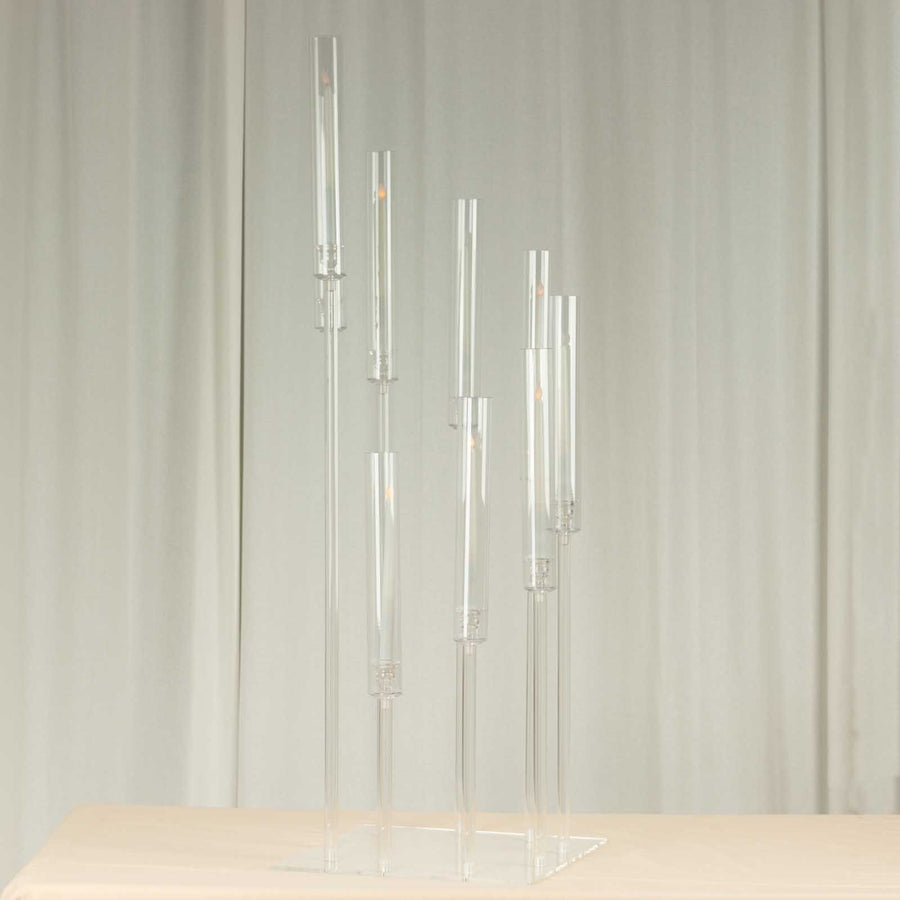 9 Arm Clear Acrylic Cluster Pillar Candle Stick Stand, 4ft Tall Taper Candle Holder Candelabra