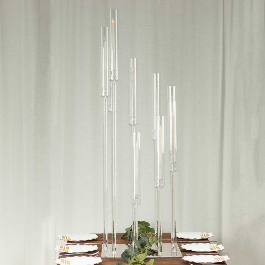 9 Arm Clear Acrylic Cluster Pillar Candle Stick Stand, 4ft Tall Taper Candle Holder Candelabra