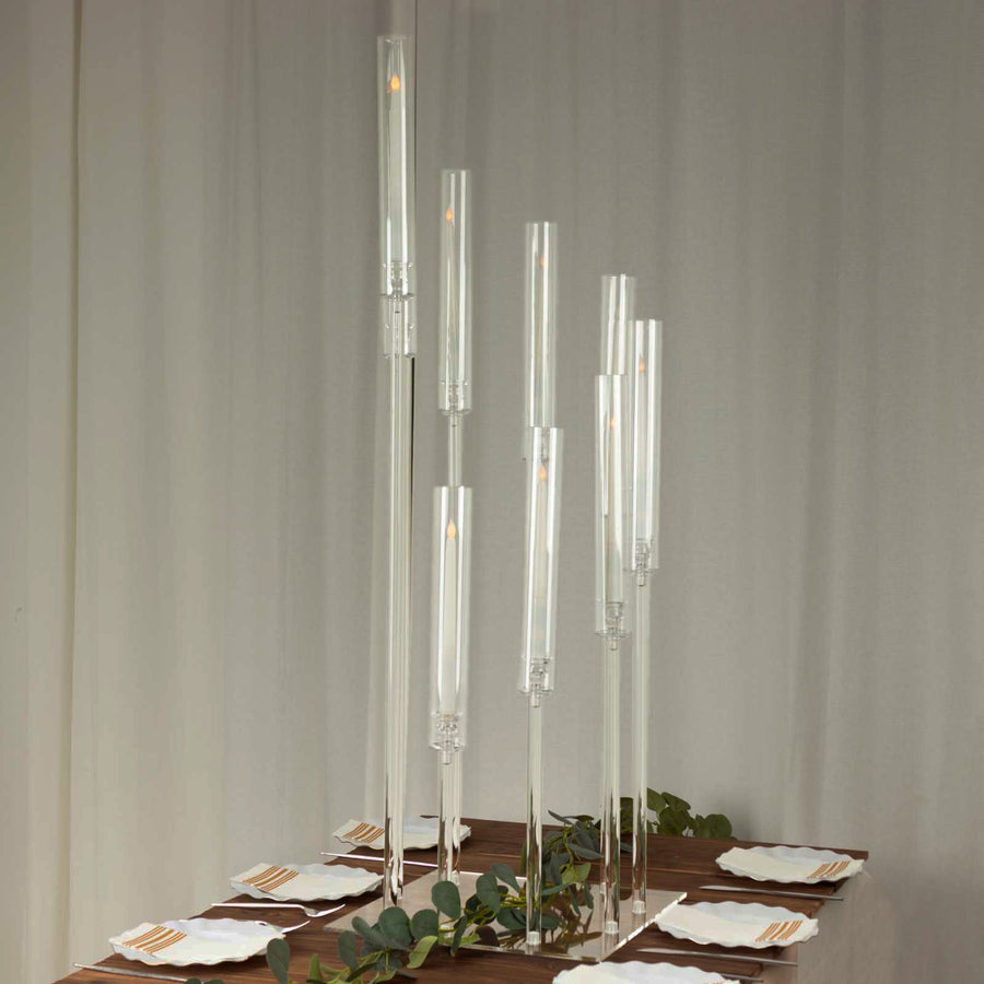 9 Arm Clear Acrylic Cluster Pillar Candle Stick Stand, 4ft Tall Taper Candle Holder#whtbkgd