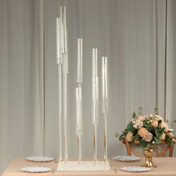 9 Arm Clear Acrylic Cluster Pillar Candle Stick Stand, 4ft Tall Taper Candle Holder Candelabra With Square Base
