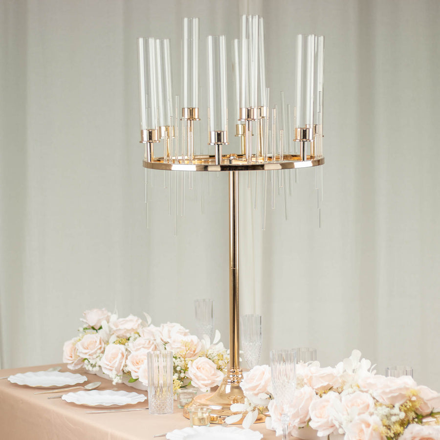 40inch Gold 9 Arm Round Taper Candlestick Candelabra With Clear Glass Shades, Metal Candle Holder