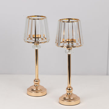 2 Pack Gold Metal Votive Tea Light Candle Holders With Clear Glass Lamp Shade, 15" Nordic Pillar Candle Stand Centerpieces