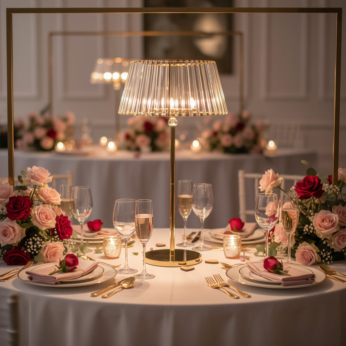Elegant table setting with floral arrangements and a stylish lamp centerpiece.