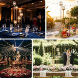 Elegant candle holders at various event settings with ambient lighting.