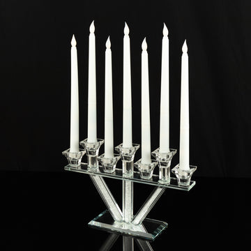 12" Crystal Glass Candelabra With Crystal Filler, 7-Branch Taper Candle Stick Holder Stand with Mirror Rectangular Base