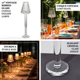 Set of 2 Clear Crystal Glass Candle Holders – 17\" Elegant Ribbed Vintage Table Lamp Design