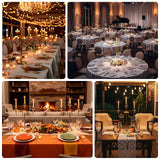 Elegant dining setups with candles and festive decor for special occasions.