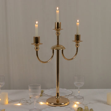 22" Tall Gold 3-Arm Metal Candelabra – Modern Taper Candle Holder Centerpiece Stand