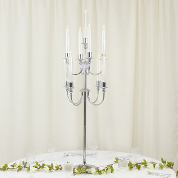 9-Arm Silver Metal Candelabra Candle Holder, Floor Standing Taper Candlestick Stand for Wedding, Home and Holiday Centerpieces - 46" Tall