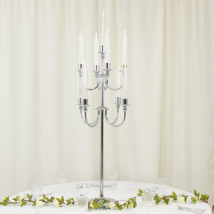 9-Arm Silver Metal Candelabra Candle Holder, Floor Standing Taper Candlestick Stand