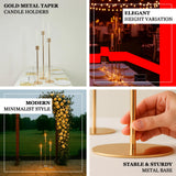 Gold Metal Taper Candle Holders with Hurricane Glass Shades, Set of 3 – Modern Minimalist Candlestick Stands – 28", 32", 36"