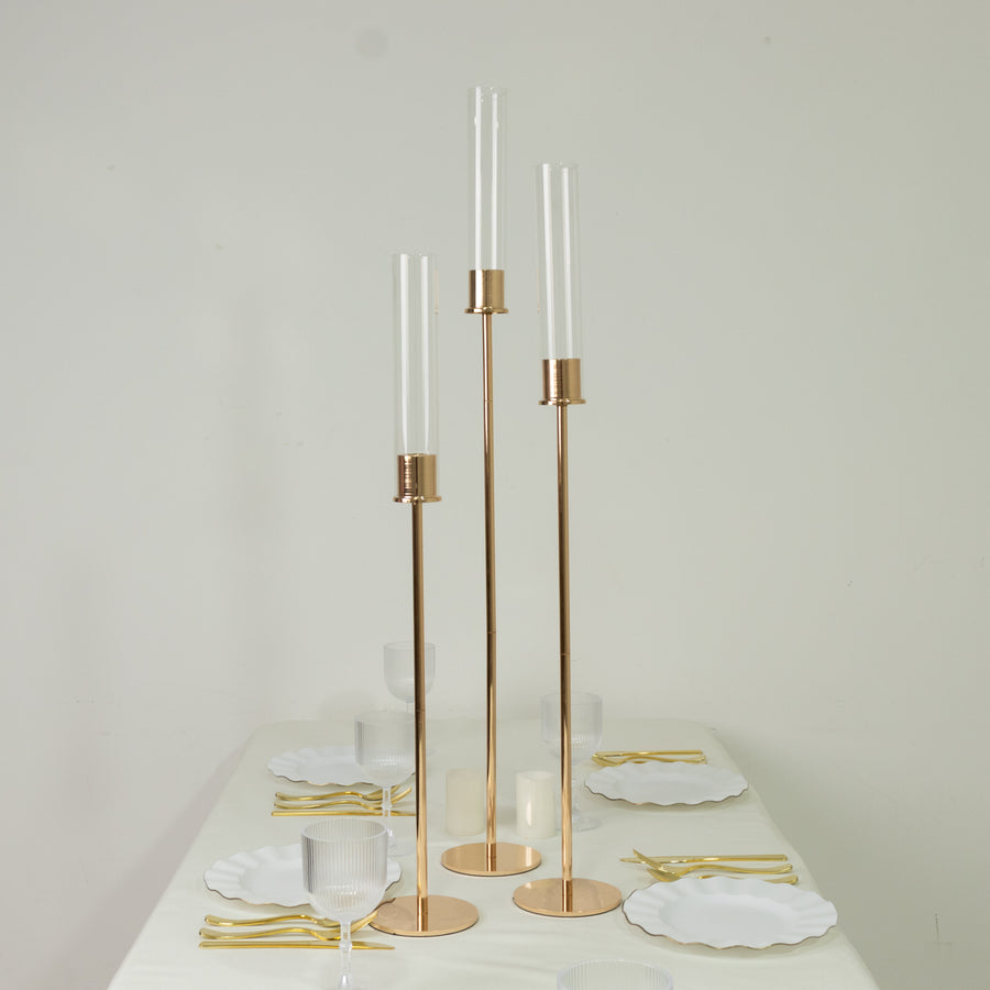 Gold Metal Taper Candle Holders with Hurricane Glass Shades, Set of 3 – Modern Minimalist Candlestick Stands – 28", 32", 36"
