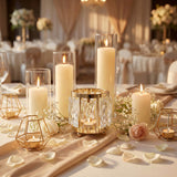 Elegant wedding table centerpiece with candles, roses, and gold decor