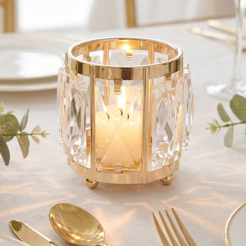 6 Pack 3" Gold Votive Candle Holders, Metal Frame Tea Light Cups with Faceted Crystal Pendant Panels
