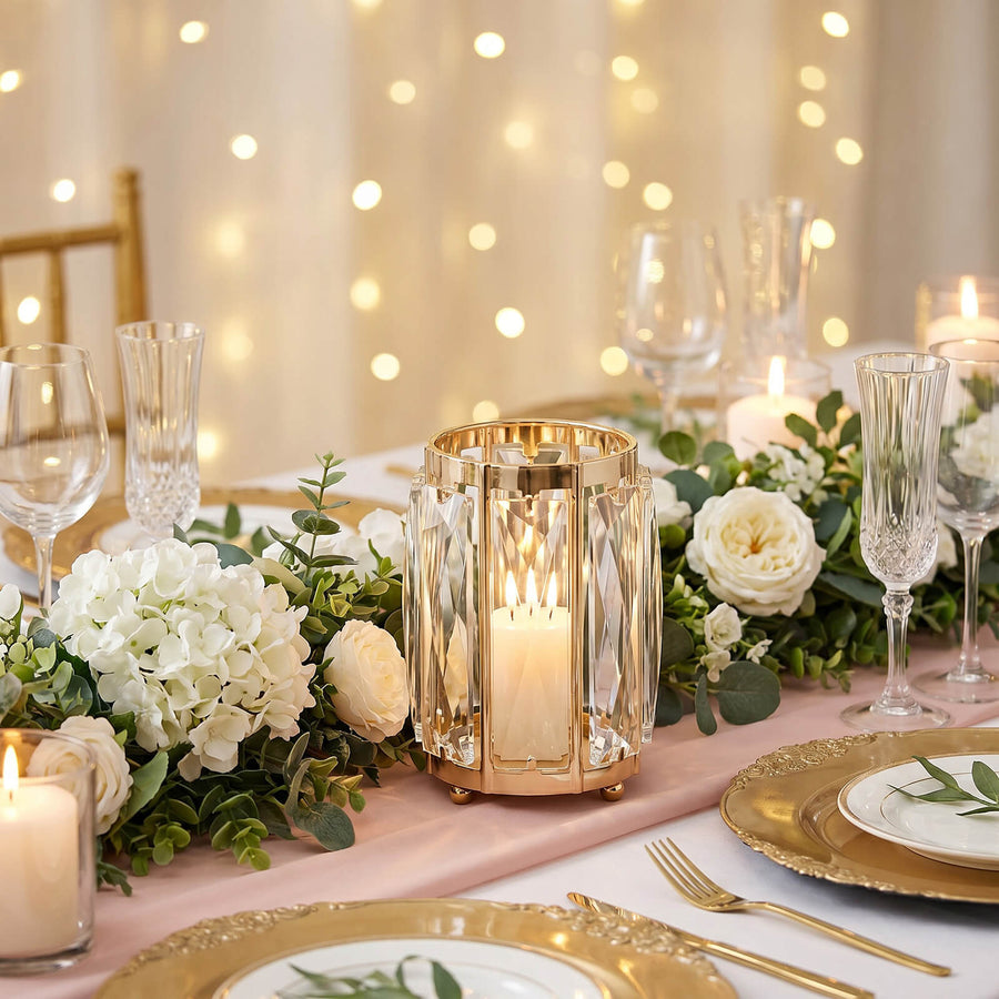 Elegant wedding table setting with candles, flowers, and gold accents