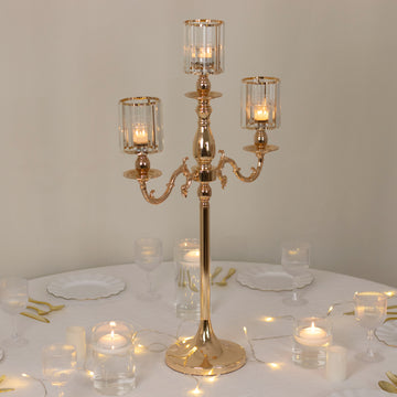 Gold Metal 3-Arm Candelabra with Crystal Pendant Glass Shades – 34" Tall Candle Holder for Pillar, LED, and Flameless Candles