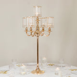 Gold Metal 5-Arm Candelabra with Crystal Pendant Glass Shades – 40" Tall Candle Holder for Pillar, LED, and Flameless Candles