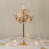 Gold Metal 5-Arm Candelabra with Crystal Pendant Glass Shades – 40" Tall Candle Holder for Pillar, LED, and Flameless Candles
